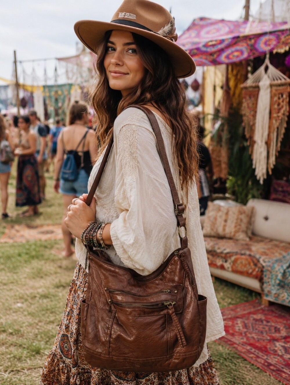 Bueno of California Cognac Brown Faux Leather Hobo Shoulder Bag Boho Festival